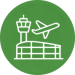 Airport terminal and airplane icon representing parking services at airports.