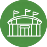 Event venue building with stage icon representing parking for event facilities.