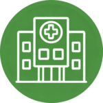 Hospital building with medical cross icon representing healthcare parking services.
