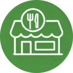 Restaurant storefront with fork and knife icon representing valet parking for dining.