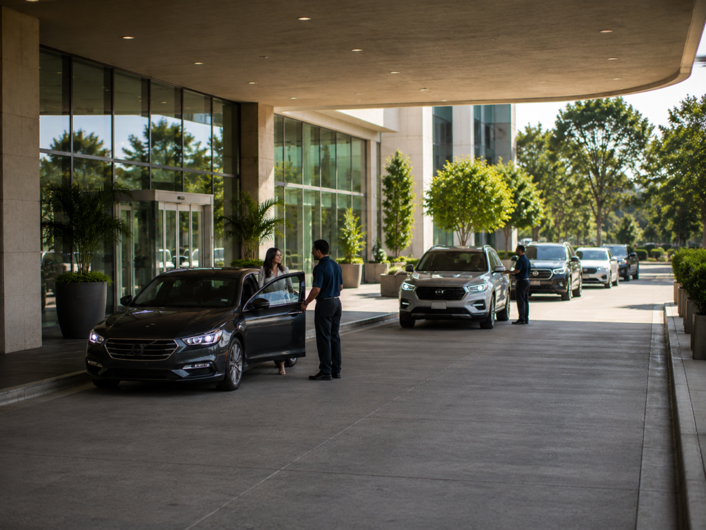 Hotel Valet attendants assisting guests and managing vehicle flow at a modern hotel parking drop-off entrance.