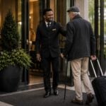 Doorman assisting an elderly guest with mobility support while entering a property entrance.