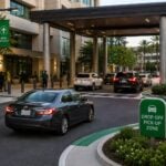 Vehicles and visitors moving efficiently through a designated drop-off and pickup area at a large commercial property during a busy arrival period.