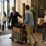 Doorman assisting residents during a move-in at a residential property entrance.