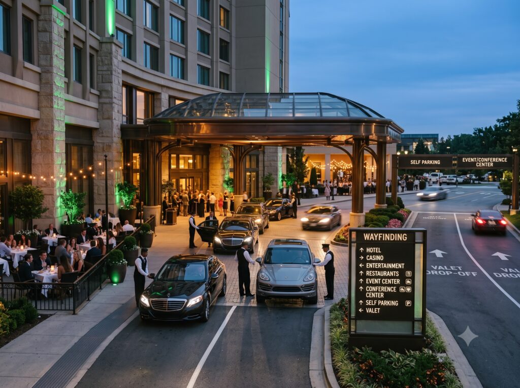 Coordinated casino parking operation with valet service, guest wayfinding, and multiple arrival lanes serving hotels, restaurants, entertainment, and event venues.