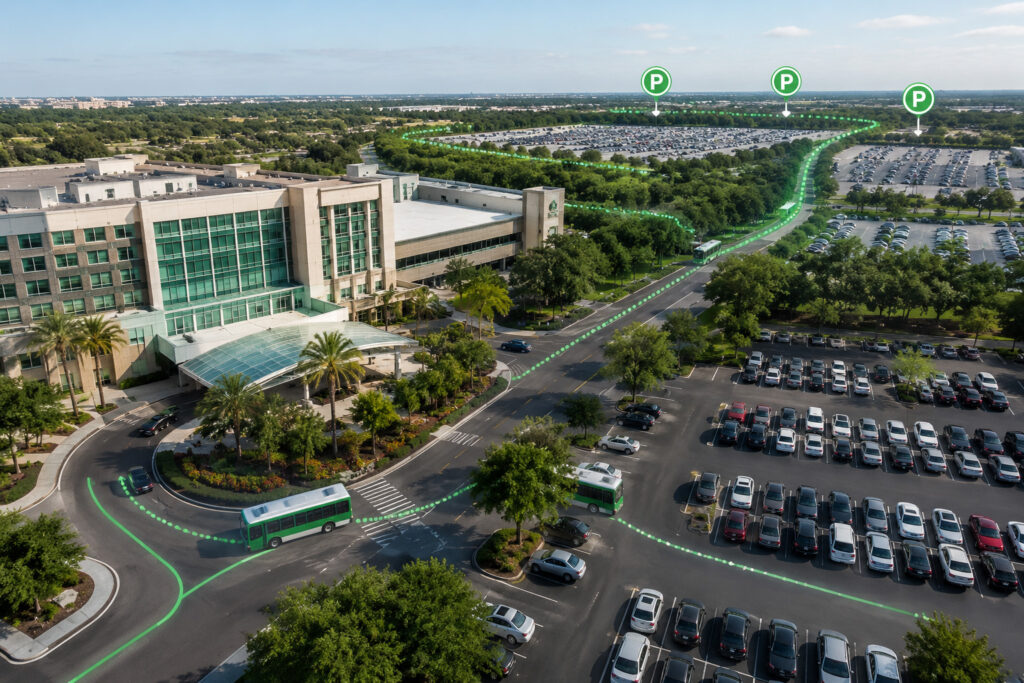 Aerial view of a property connected to multiple remote parking lots by shuttle transportation and coordinated traffic flow routes.