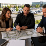 Parking consultant reviewing parking operations and traffic flow plans with property management team.