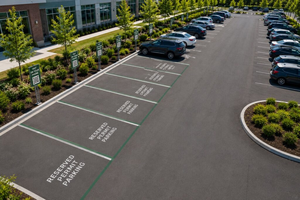 Aerial view of a commercial parking lot with reserved permit parking spaces, mobile payment signs for parking enforcement compliance.