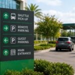 Wayfinding sign directing drivers to shuttle pickup, remote parking, guest parking, and the main entrance at a large commercial property.