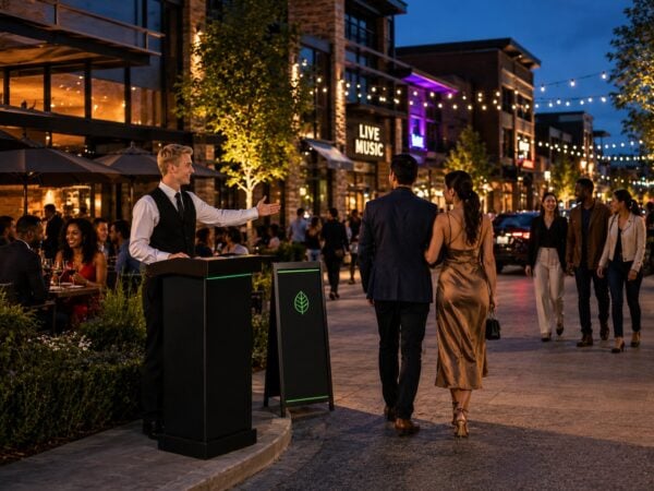 Guests arriving in a walkable restaurant and entertainment district with professional valet service supporting multiple dining and nightlife venues.