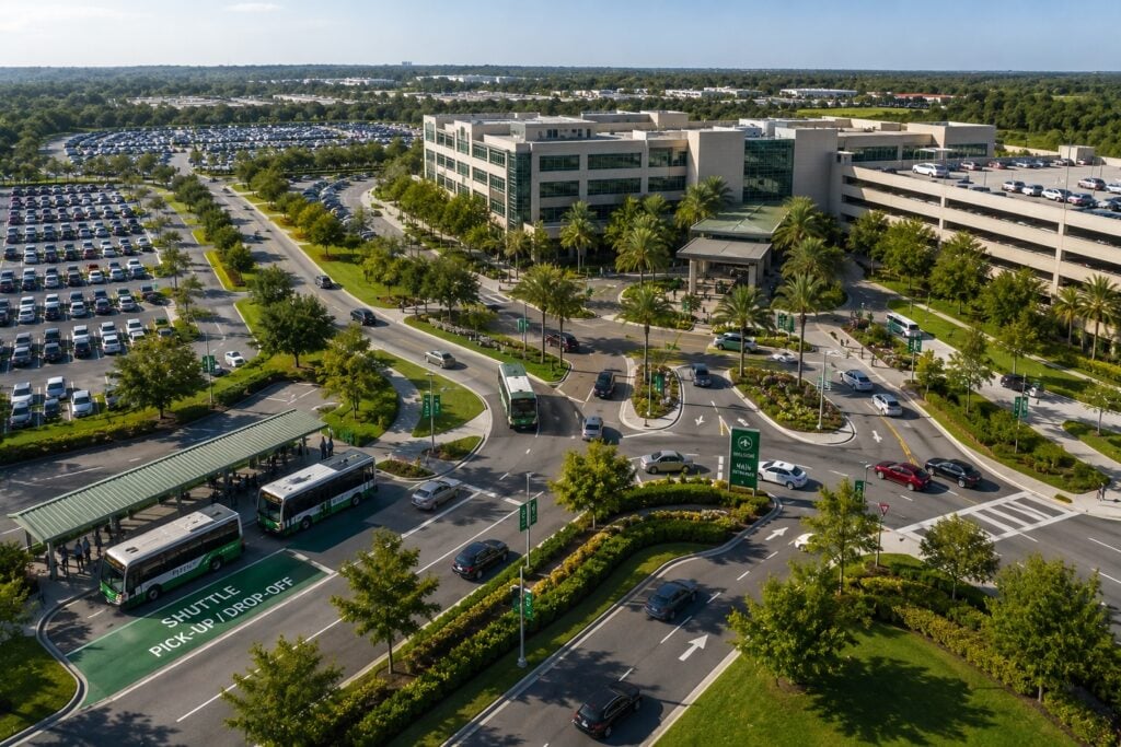Coordinated shuttle and off-site parking operation connecting multiple parking areas to a high-demand property with organized vehicle circulation and efficient guest movement.
