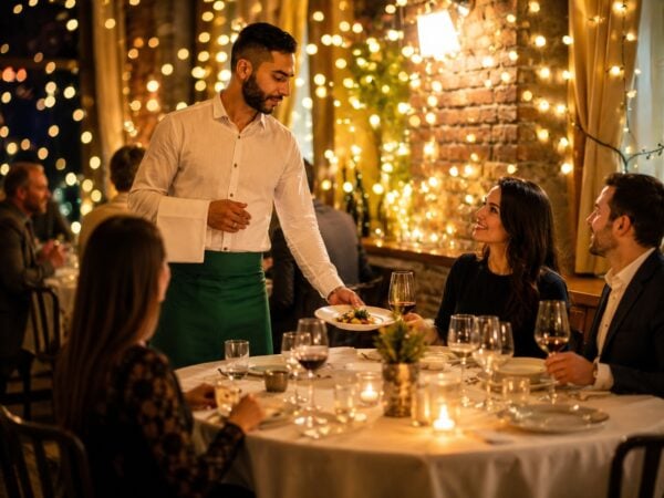Server and guests in an upscale restaurant dining experience after valet parking.