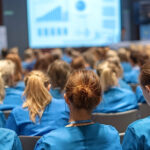 Healthcare professionals wearing scrubs are attending a seminar.