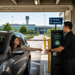 Smiling traveler exiting an airport parking facility after a smooth payment transaction, representing an organized parking experience and positive first impression.