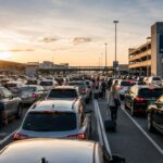 Busy airport parking facility during peak travel hours with full parking lanes, heavy vehicle traffic, and travelers walking with luggage toward the terminal.