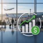 Airport terminal with travelers and aircraft viewed through large windows, overlaid with a revenue growth graphic representing airport parking revenue optimization and financial performance.