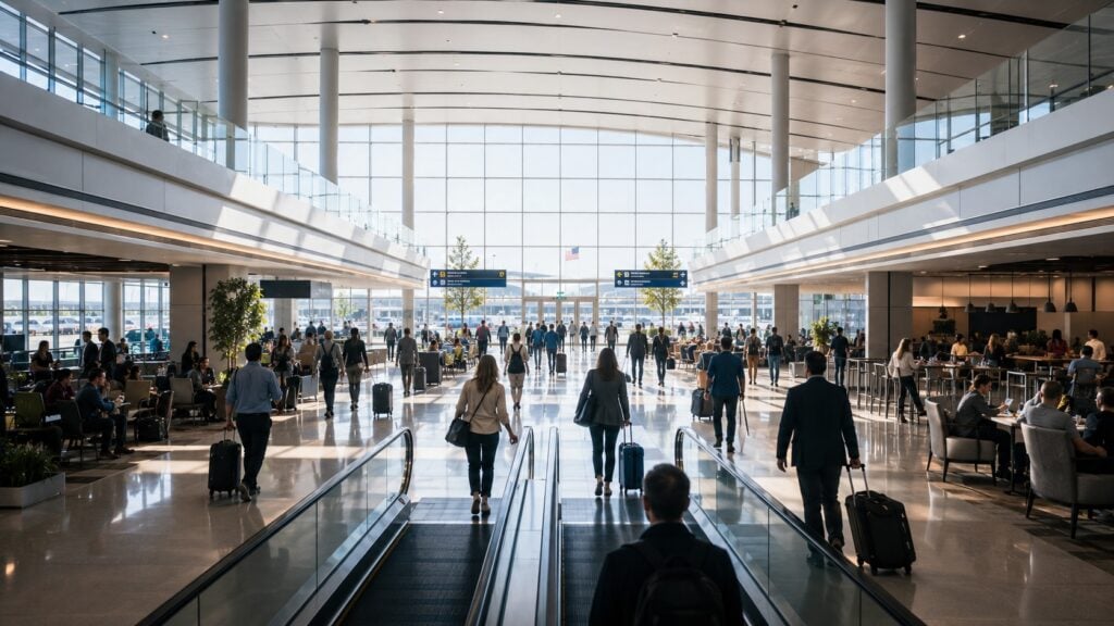 Spacious modern airport terminal with travelers walking through a bright concourse featuring dining areas, seating, and retail spaces before security.