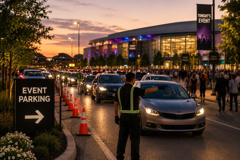Parking attendants direct heavy vehicle traffic as guests arrive for a large event, illustrating efficient event parking management during peak arrival periods.