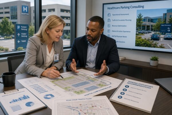 Healthcare parking consultants reviewing hospital campus plans, traffic flow data, and parking operations to develop a customized parking management strategy for a medical facility.