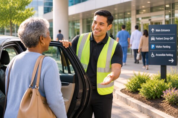 Professional hospital parking attendant welcoming a patient at the medical center entrance, illustrating compassionate parking management and a positive healthcare arrival experience.