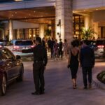 Professional parking attendant directing arriving vehicles outside a busy hotel event while guests enter the venue, illustrating organized event parking management and efficient traffic flow.