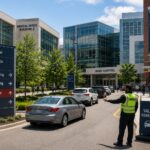 Modern medical campus with multiple healthcare buildings, organized patient and visitor parking, and parking staff directing traffic between hospital entrances.